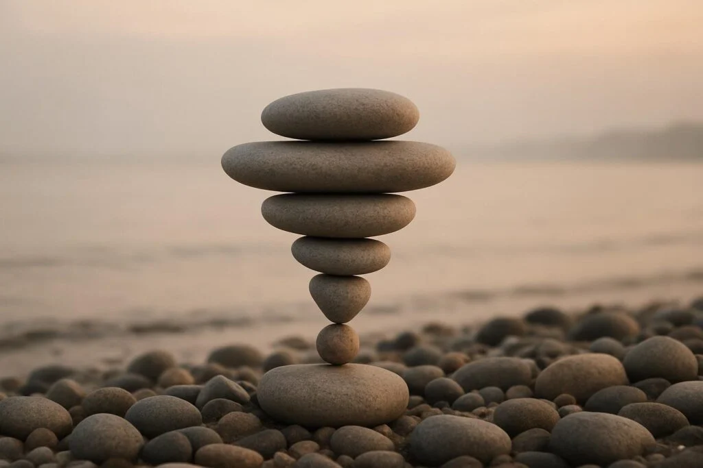 Illustration: en omvendt pyramide af sten på en strand