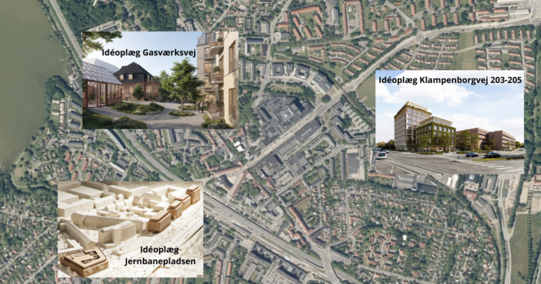 Bykort over Kgs. Lyngby centrum med indsatte visualiseringer fra idéoplæg af de tre projektormåder; Jernbanepladsen, Gasværksvej og Klampenborgvej 203-205. Lyngby-Taarbæk Kommune | MT Højgaard & COBE Architects | Danica Ejendomme, Over Byen Arkitekter og SLA | PFA, Kilden & Hindby og WERK. Lyngby-Taarbæk Kommune | MT Højgaard & COBE Architects | Danica Ejendomme, Over Byen Arkitekter og SLA | PFA, Kilden & Hindby og WERK.