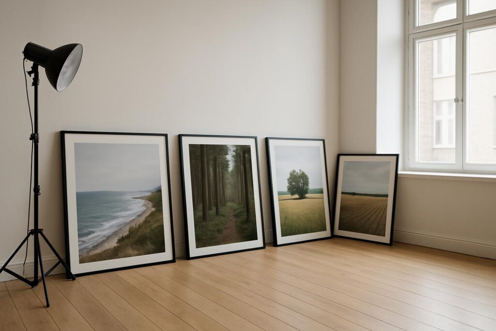 Illustration: indrammede fotografier i et lyst rum