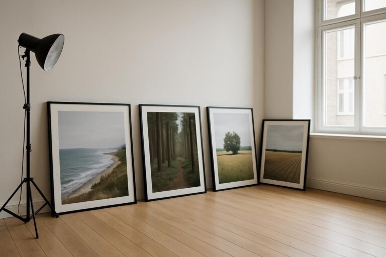 Illustration: indrammede fotografier i et lyst rum
