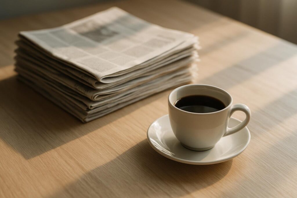 Illustration: aviser og kaffe i morgensol