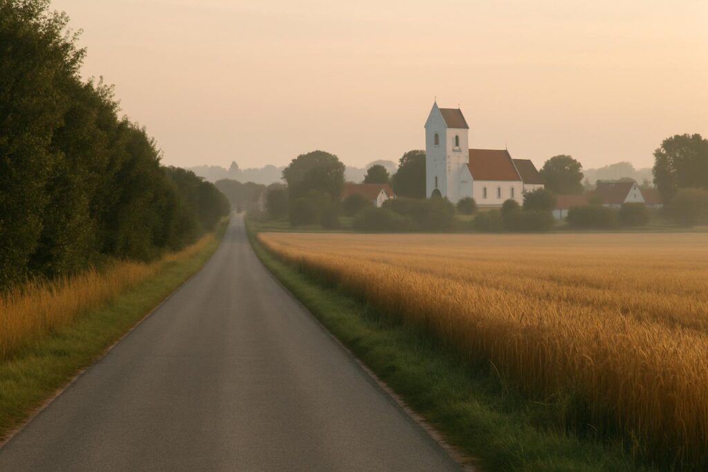 Illustration: en landevej mod en dansk landsby