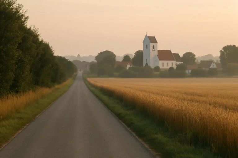 Illustration: en landevej mod en dansk landsby